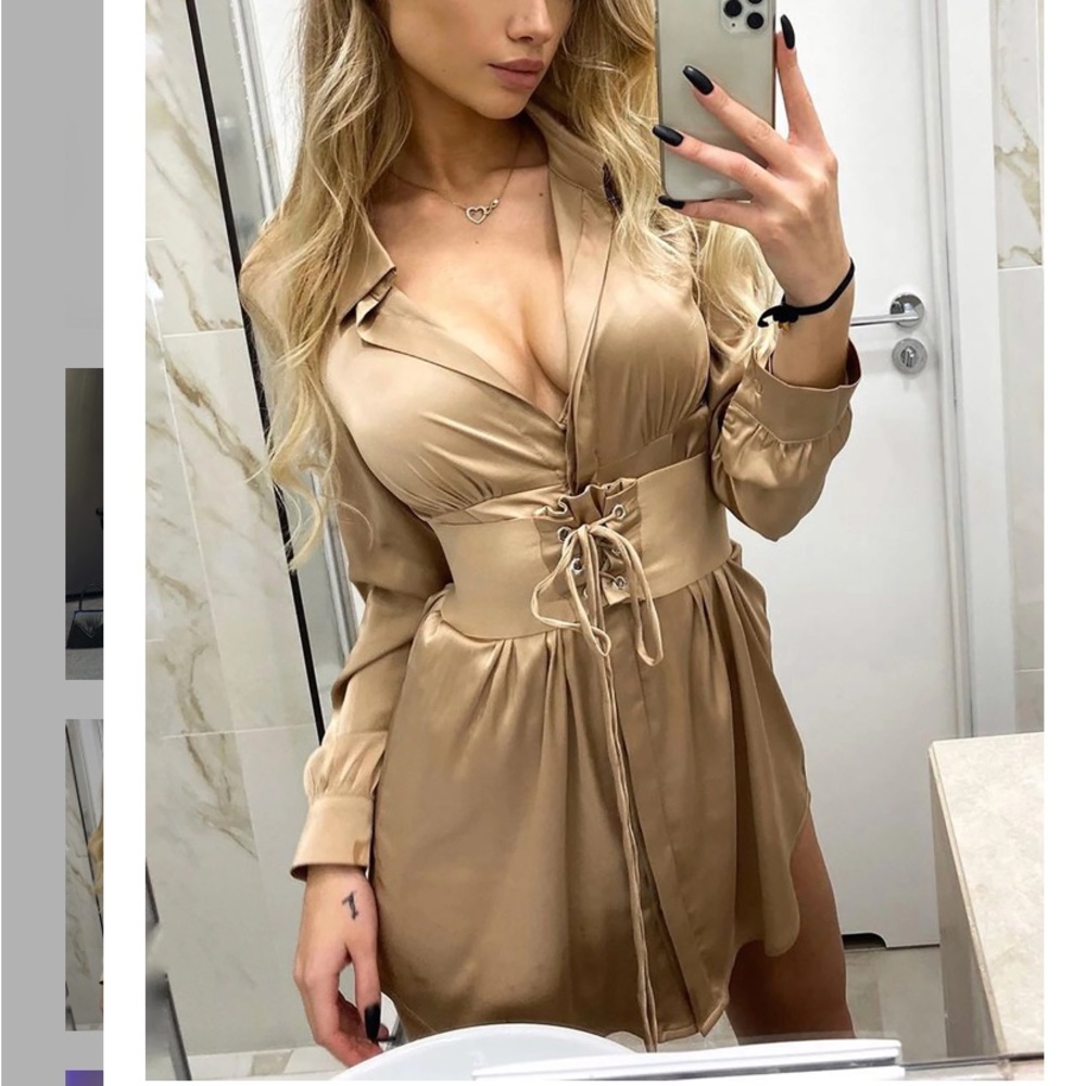 First Priority Satin mini Shirt Dress Mocha with Belt